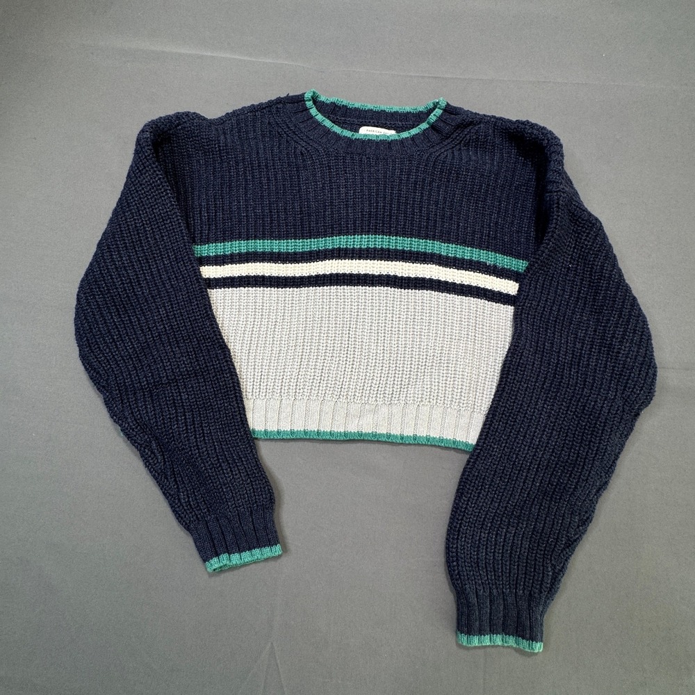 American Eagle Cropped Sweater Navy Teal White Stripe Knit‎ Crew Neck Size M